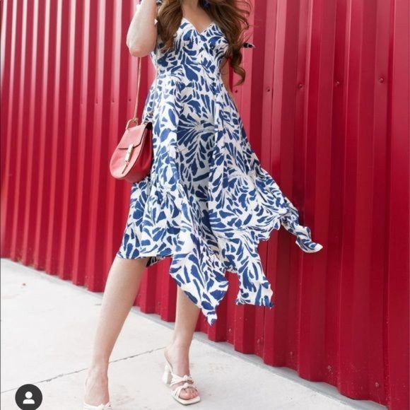 Alexis Womans Dress Small Blue Satin Floral Print Asymmetrical Hem Swing New - Picture 6 of 17